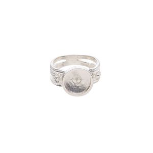 Ring, sterling silver, 9mm band with flower design and 13mm cup with 3mm peg, fits 10-12mm half-drilled round bead, size 7. Sold individually.
