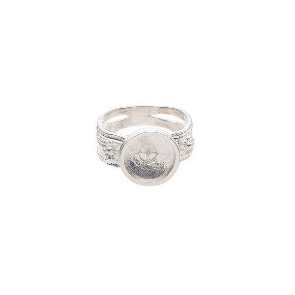 Ring, sterling silver, 9mm band with flower design and 13mm cup with 3mm peg, fits 10-12mm half-drilled round bead, size 7. Sold individually. image number 0