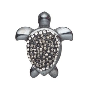Hemalyke™ / brass / glass rhinestone 1pkg1, silver-finished 1-sided turtle focal 33x29mm