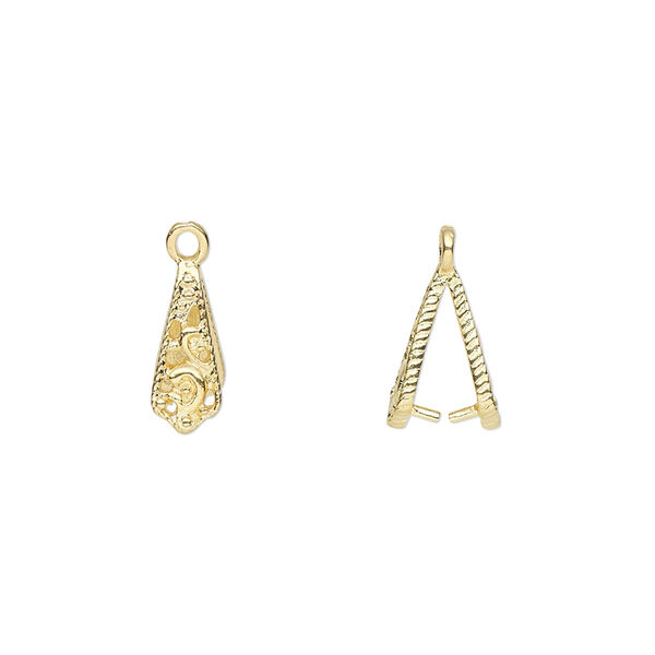 Bail, ice-pick, gold-plated brass, 11.5x5mm textured with cutout design, 6.5mm grip length. Sold per pkg of 6. image number 0