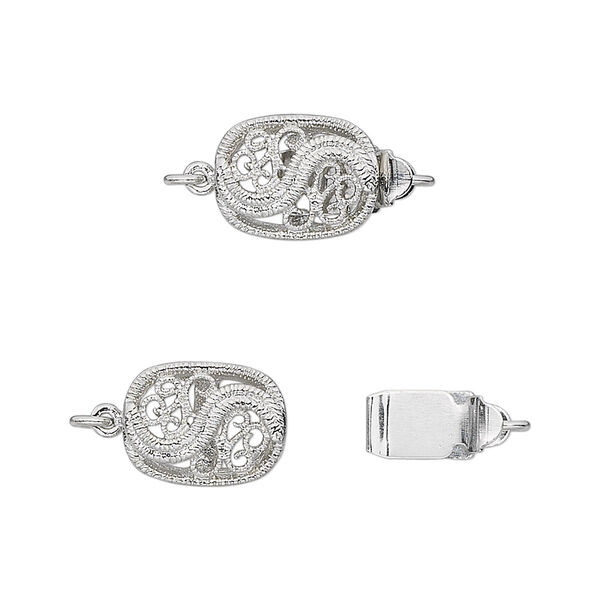 Clasp, tab, antique silver-plated brass, 12x9mm swirled filigree oval. Sold per pkg of 4. image number 0