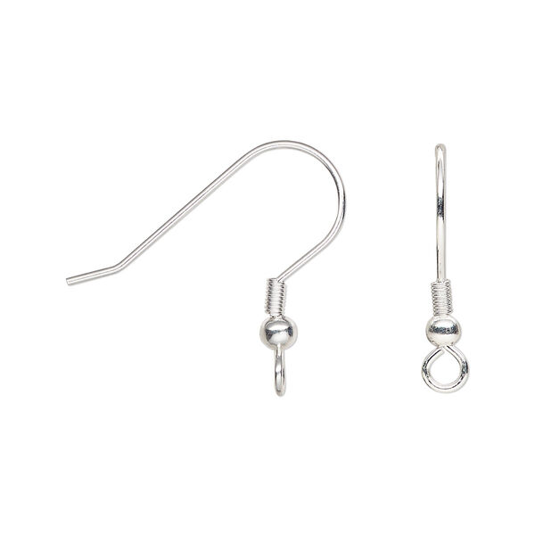 Ear wire, silver-finished stainless steel, 20mm fishhook with perpendicular open loop with 3mm ball and 4mm coil, 21 gauge. Sold per pkg of 50 pairs. image number 0