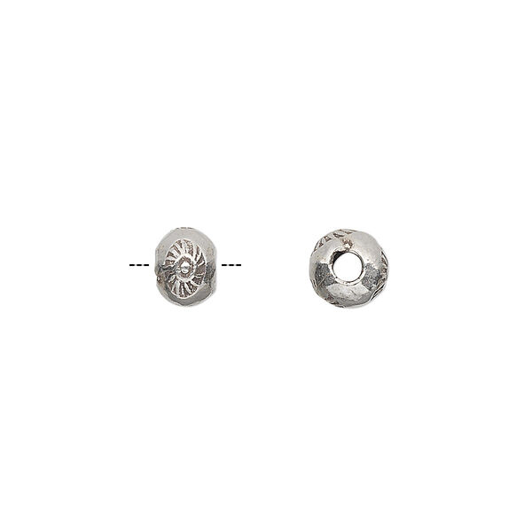 Bead, Hill Tribes, antiqued sterling silver, 7x5mm rondelle with stamped sun design. Sold per pkg of 4. image number 0