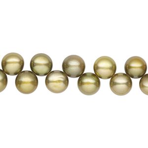 Pearl, cultured freshwater (dyed), olive green, 6-7mm top-drilled flat-sided round with 0.4-0.5mm hole, B- grade, Mohs hardness 2-1/2 to 4. Sold per 14-inch strand.