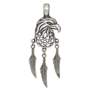 Pendant, Powerful Pewter Pendants, pewter (tin-based alloy), 67x23mm single-sided eagle head with three dangling feathers. Sold individually.