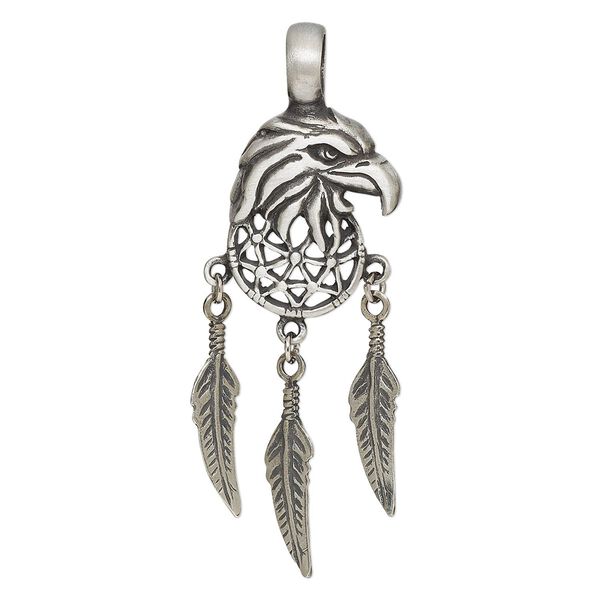 Pendant, Powerful Pewter Pendants, pewter (tin-based alloy), 67x23mm single-sided eagle head with three dangling feathers. Sold individually. image number 0