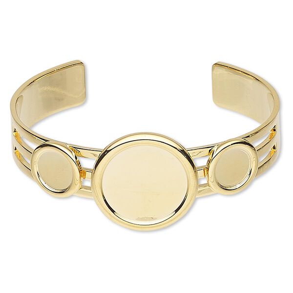 Bracelet, Almost Instant Jewelry®, cuff, gold-plated brass and "pewter" (zinc-based alloy), 25mm wide with (2) 10mm and (1) 20mm round settings, adjustable. Sold individually. image number 0