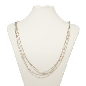 Necklace, 4-strand, acrylic / cultured freshwater pearl / rose gold-finished steel / silver-plated brass / steel / "pewter" (zinc-based alloy), white and mauve, 36 inches with 2-inch extender chain and lobster claw clasp. Sold individually.