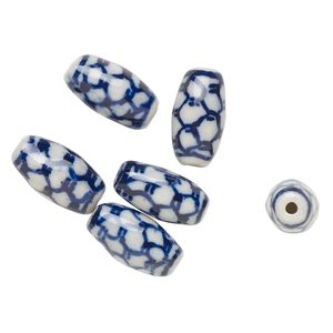 Bead, porcelain, blue and white, 15x8mm-16x9mm oval with scale design. Sold per pkg of 6.