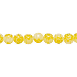Bead, millefiori glass 1pkg1, translucent yellow-orange / white / clear, 6mm round, 15 inches.