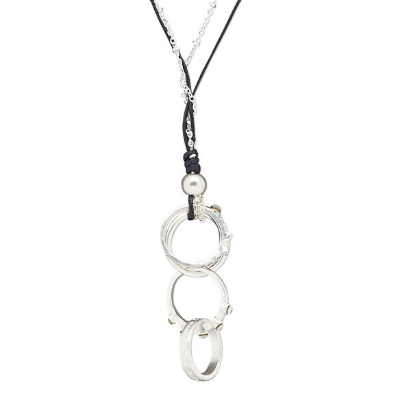 Necklace, glass rhinestone / waxed cotton cord / silver-plated brass / steel / "pewter" (zinc-based alloy), black and clear, 2-1/2 inch dangle with ring, 28 inches with 2-inch extender chain and lobster claw clasp. Sold individually. image number 0