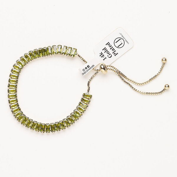 Bracelet, adjustable, brass / glass / silicone, pkg/1, 6 to 10 inches, gold plate and peridot. image number 0