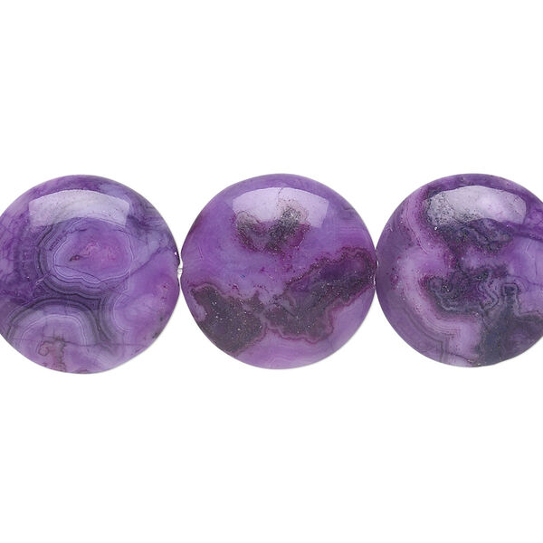 Bead, crazy lace agate (dyed), purple, 16mm puffed flat round, B grade, Mohs hardness 6-1/2 to 7. Sold per 15-1/2" to 16" strand. image number 0