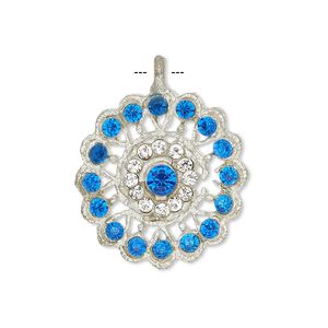 Pendant, glass rhinestone and silver-finished "pewter" (zinc-based alloy), clear and dark blue, 23mm round. Sold individually.