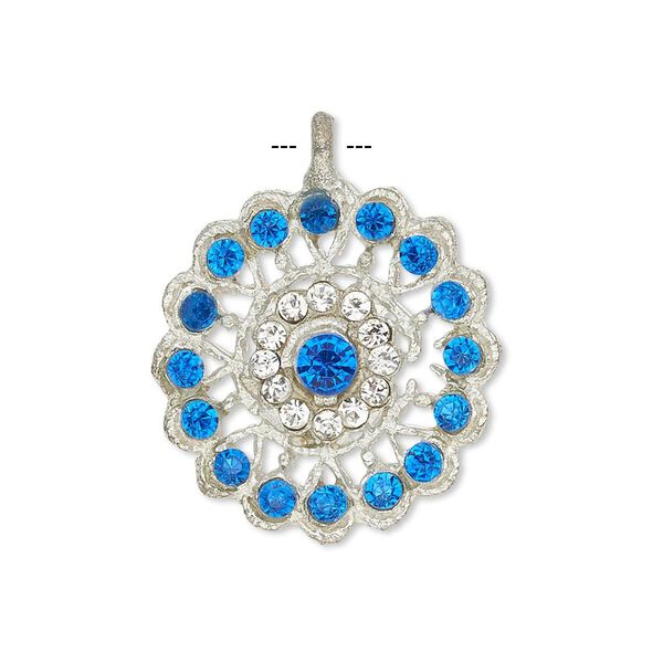 Pendant, glass rhinestone and silver-finished "pewter" (zinc-based alloy), clear and dark blue, 23mm round. Sold individually. image number 0