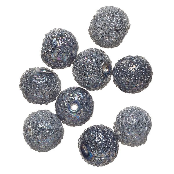 Bead, lampworked glass, opaque rainbow AB, 12mm textured round. Sold per pkg of 10. image number 0