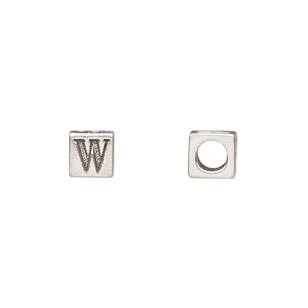 Bead, sterling silver, 5.5mm cube with alphabet letter "W." Sold individually. image number 0