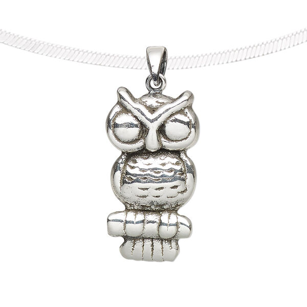 Pendant, antiqued fine silver, electroformed, 25x13mm single-sided owl. Sold individually. image number 0