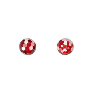 Bead, cubic zirconia, red, 8mm half-drilled faceted round. Sold per pkg of 2.