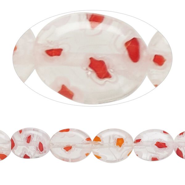 Bead, millefiori glass, translucent multicolored, 10x8mm puffed oval with flower design. Sold per 14-inch strand. image number 0