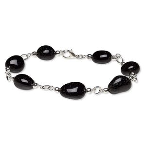 Black agate / brass / steel 1pkg1, silver finished hand-cut nugget bracelet 7.5 inch lobster claw clasp small to medium
