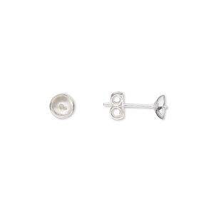Earstud 1pkg4 sterling silver, 5mm cup with peg / 5-7mm half-drilled round setting, 2 pair