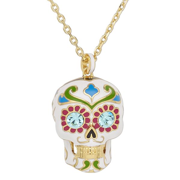 Necklace, gold-plated brass / enamel / glass rhinestone, white and multicolored, 34x26mm Dia de Los Muertos skull with flower and swirl design, 24 inches with 2-inch extender chain and lobster claw clasp. Sold individually. image number 0
