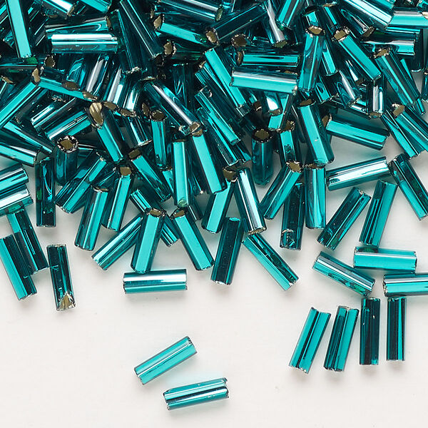 Bead, Preciosa Ornela Czech glass, bugle bead, pkg/50g, 1/4 inch, silver-lined transparent teal, (57710). image number 0