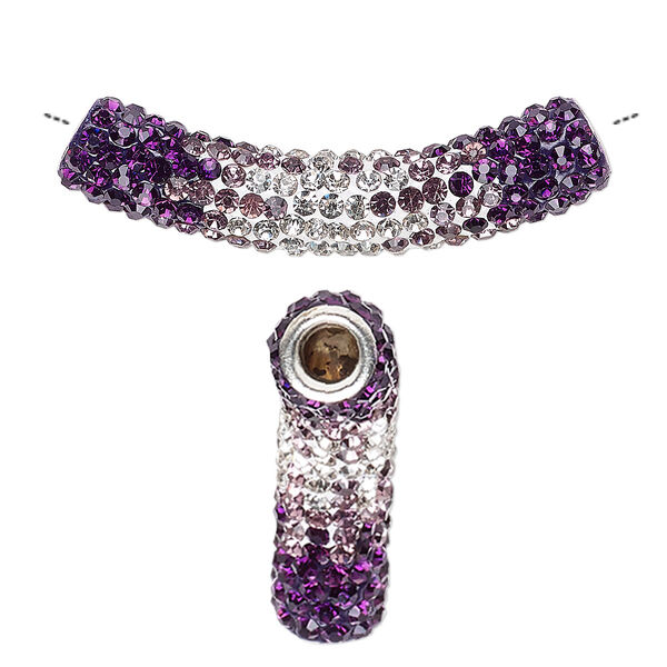 Bead, Dione®, resin / glass rhinestone / silver-plated brass, purples / white / clear, 47x9mm curved tube, 4mm hole. Sold individually. image number 0