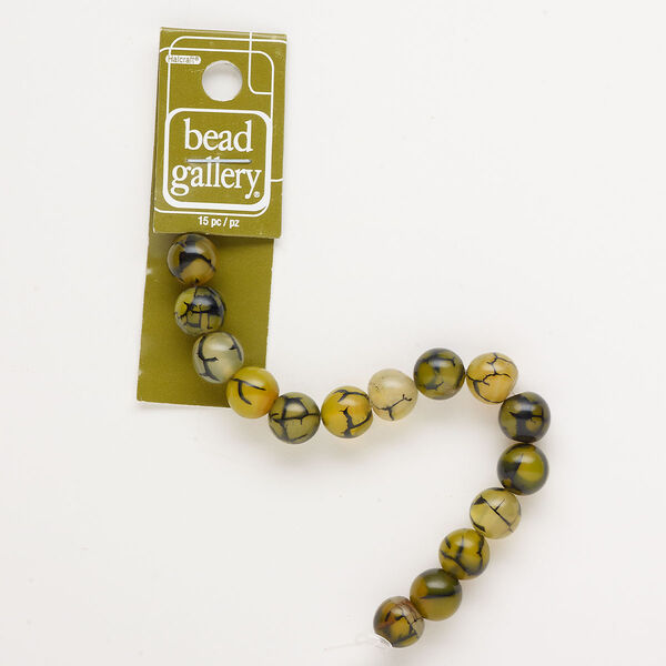 Bead, crackle agate (dyed/heated), yellow and black, 9-10mm round, B- grade, Mohs hardness 6-1/2 to 7. Sold per pkg of 15. image number 0