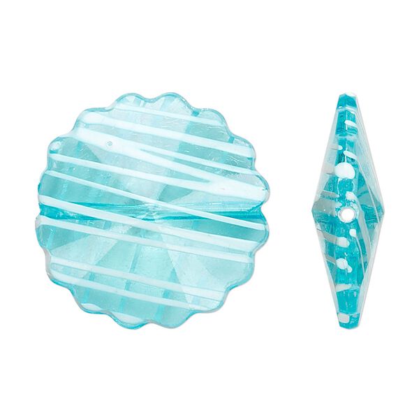 Bead, acrylic, semitransparent blue and white, 25mm faceted round flower with painted line design. Sold per pkg of 48. image number 0