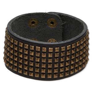 Bracelet, leather (dyed) with antique brass-plated steel and "pewter" (zinc-based alloy), brown, 38mm wide with square studs, adjustable at 6-1/2 and 7-1/2 inches with snap closure. Sold individually.