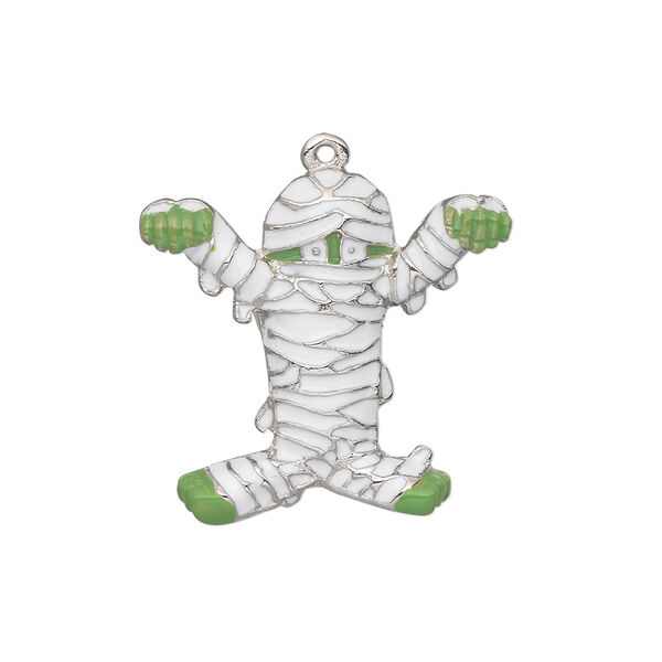 Charm, silver-plated "pewter" (zinc-based alloy) and enamel, white and green, 25x23mm single-sided mummy. Sold individually. image number 0
