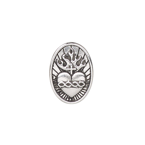 Button, TierraCast®, antique silver-plated pewter, 19x13mm oval with sacred heart and closed loop. Sold individually. image number 0
