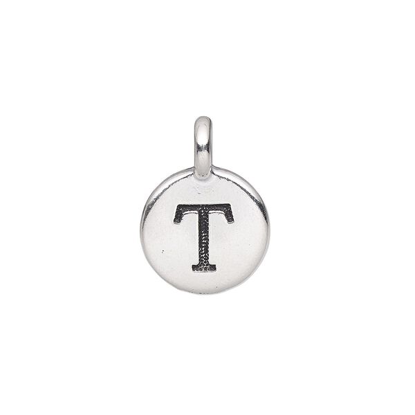 Drop, TierraCast®, antique silver-plated pewter (tin-based alloy), 11.5mm single-sided round with textured alphabet letter "T." Sold per pkg of 2. image number 0