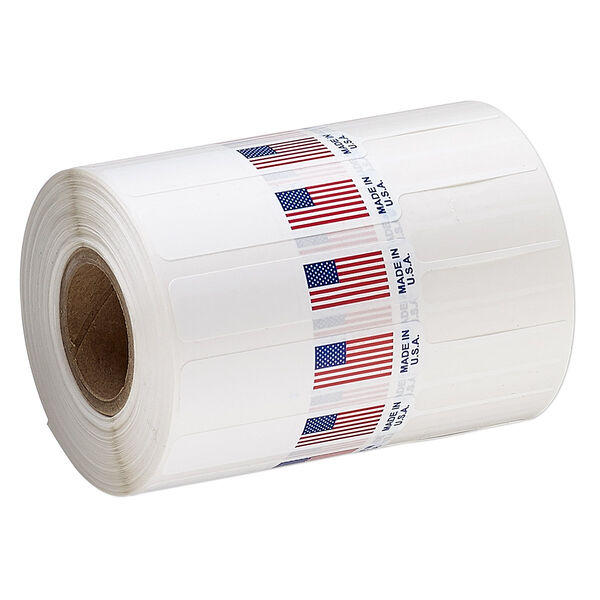 Adhesive label, polyester, white / red / blue, 3-1/4 x 1/2 inches unfolded with USA flag and "MADE IN USA." Sold per pkg of 1,000. image number 0