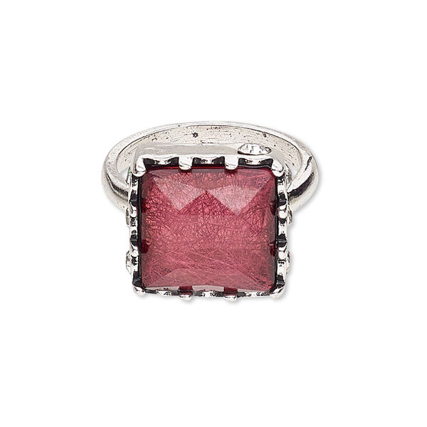 Ring, resin / glass rhinestone / silver-plated "pewter" (zinc-based alloy), purple and clear, 20x20mm square, size 9. Sold individually. image number 0
