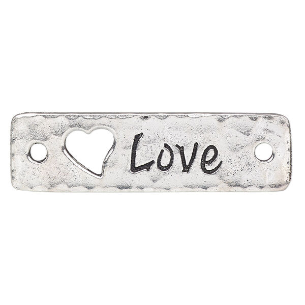 Focal, TierraCast®, antique silver-plated pewter (tin-based alloy), 40x11mm single-sided hammered rectangle with "LOVE" and cutout heart. Sold per pkg of 2. image number 0