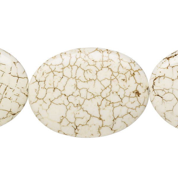 Bead, magnesite (stabilized), white, 40x30mm puffed oval, B grade, Mohs hardness 3-1/2 to 4. Sold per 15-1/2" to 16" strand. image number 0