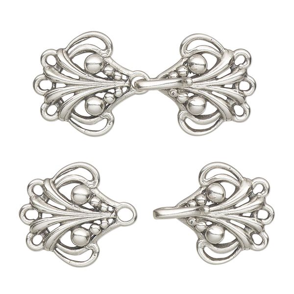 Clasp, JBB Findings, 3-strand hook-and-eye, antiqued sterling silver, 30x16mm with baroque design. Sold individually. image number 0