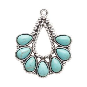 Focal, antique silver-finished "pewter" (zinc-based alloy) and "turquoise" (resin) (imitation), turquoise blue, 32x29mm single-sided open teardrop with rope edge. Sold per pkg of 4.
