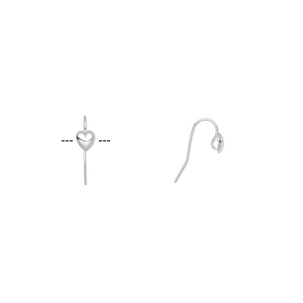 Ear wire, silver-plated brass, 10.5mm fishhook with 6x5.5mm heart and hidden open loop, 22 gauge. Sold per pkg of 5 pairs. image number 0