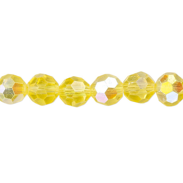 Bead, glass, 32-facet, translucent yellow AB, 8mm faceted round. Sold per 15-1/2" to 16" strand. image number 0