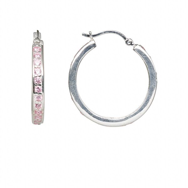 Earring, sterling silver and cubic zirconia, pink, 26mm round hoop with latch-back closure. Sold per pair. image number 0