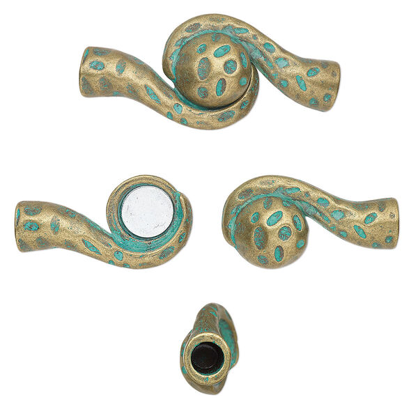 Clasp, magnetic, antique brass-plated "pewter" (zinc-based alloy), green patina, 48x22mm double-sided hammered swirl with glue-in ends, 6mm hole. Sold individually. image number 0