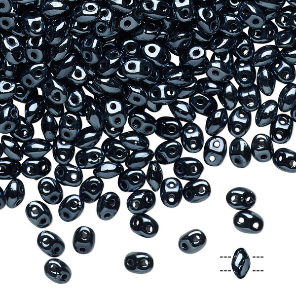 Bead, Preciosa Twin™, Pressed Twin, Czech pressed glass, opaque shiny black, 5x2.5mm oval with 2 holes. Sold per 50-gram pkg. image number 0