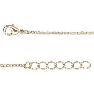 Chain, gold-finished brass, 1.5mm cable, 24 inches with 2-inch extender chain and lobster claw clasp. Sold per pkg of 2.
