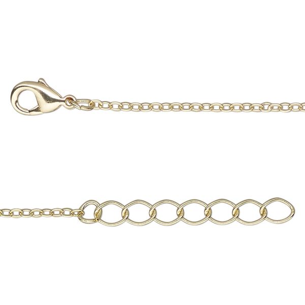 Chain, gold-finished brass, 1.5mm cable, 24 inches with 2-inch extender chain and lobster claw clasp. Sold per pkg of 2. image number 0