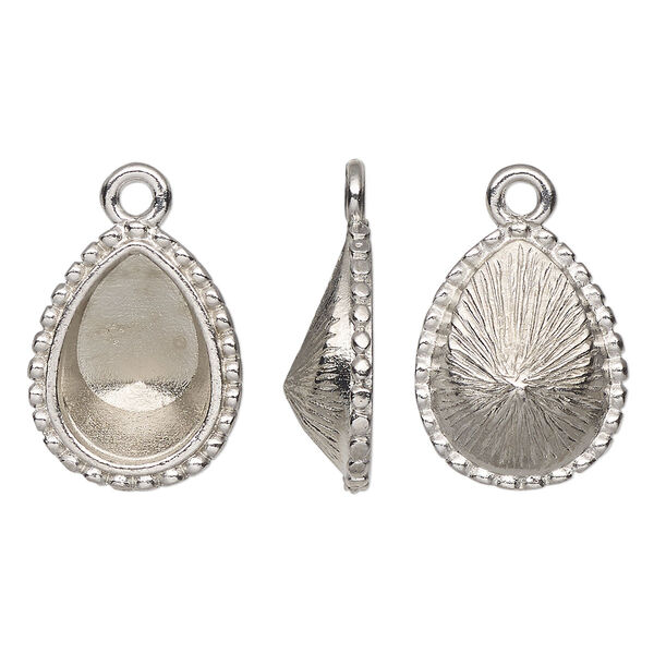 Drop, TierraCast®, Almost Instant Jewelry®, white bronze-plated pewter (tin-based alloy), 18x14mm teardrop with beaded edge and 14x10mm pear glue-in setting (4320). Sold per pkg of 2. image number 0