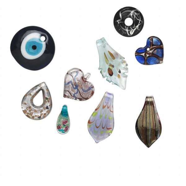 Focal mix, lampworked glass, multicolored, 27-60mm mixed shapes. Sold per pkg of 3. image number 0